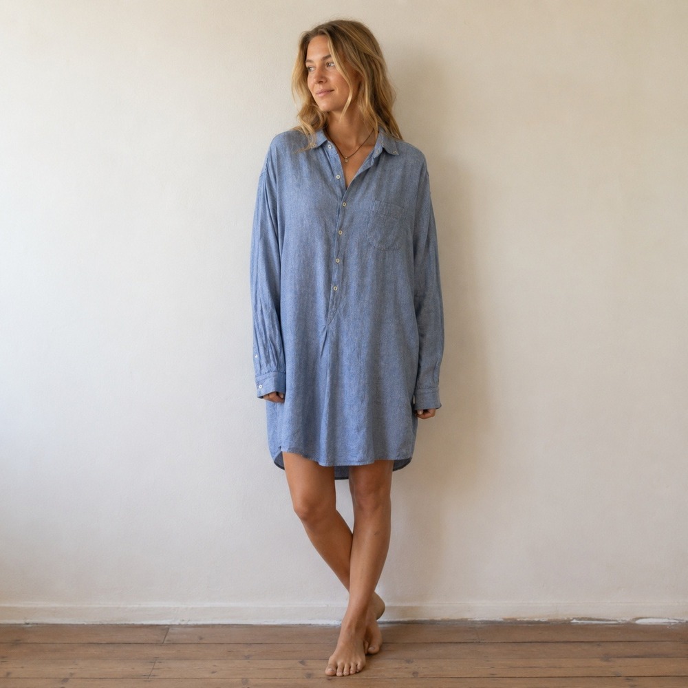 RTH Women Top‎ 1 Blue Button Down Longline Tunic Cotton Minimalist Coastal